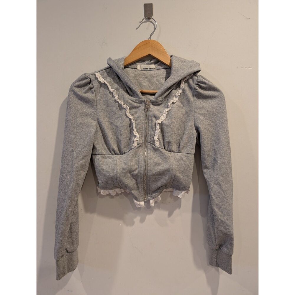 Soote Season Grey White Cropped Hoodie Corset Like Top Sz S Lace Trim